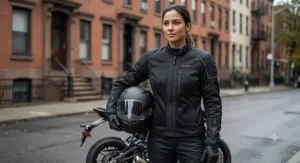 A lightweight black mesh commuter motorcycle jacket designed for summer riding with breathable ventilation panels.