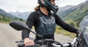 Female rider wearing a contoured women's motorcycle chest protector designed for impact defense