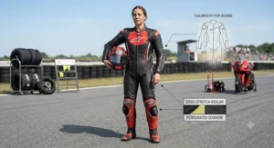 Female motorcycle racer wearing an ergonomic women's motorcycle racing suit leather outfit.