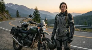 A woman standing next to her cruiser wearing a fitted, all-weather textile touring motorcycle jacket in grey and black.