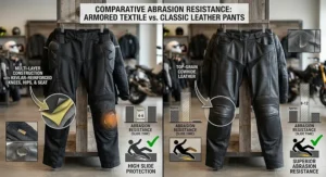 Graphic showing slide protection and abrasion resistance of Kevlar reinforced armored motorcycle pants versus cowhide leather pants.