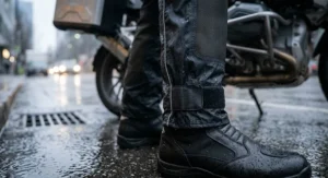 Adjustable hook-and-loop ankle straps on rain pants sealed over waterproof motorcycle riding boots