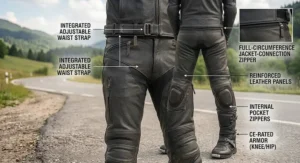 Leather motorcycle pants for touring featuring adjustable waist straps and jacket-connection zippers