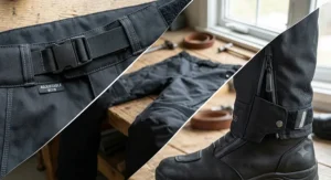 Close-up of adjustable waist straps and storm-sealed ankle cuffs on men's riding overpants for rain protection.