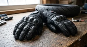 Pair of black armored heated motorcycle gloves with TPU knuckle protectors on a wooden surface