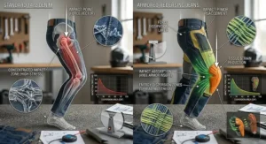Diagram illustrating impact absorption and energy dispersion zones on armored motorcycle jeans at hip and knee strike points.