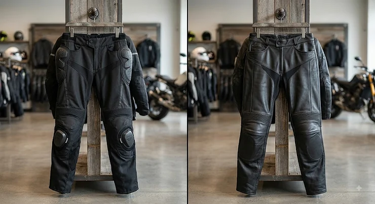 Side-by-side comparison of armored motorcycle pants with hip and knee pads versus classic leather motorcycle pants. armored motorcycle pants vs leather pants
