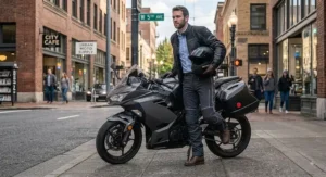 Rider stepping off a motorcycle wearing versatile commuter pants for short urban rides