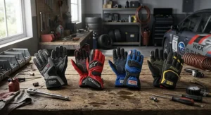 Top rated track day gloves under 100 dollars displayed on a workbench