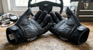 Padded palm detail on a pair of sub 100 dollar track day driving gloves