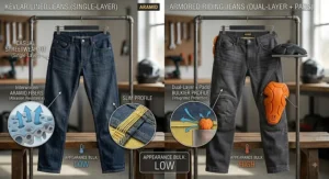 Visual comparison showing the slim everyday streetwear appearance of Kevlar lined jeans versus the bulkier profile of armored riding pants.