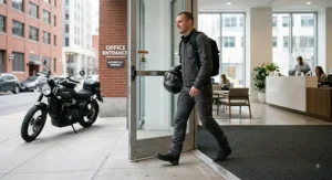 Rider stepping off a motorbike into an office wearing casual motorcycle cargo pants that double as everyday wear.