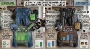 CE Level 1 and Level 2 safety rating guide for armored motorcycle pants compared to leather motorcycle pants.