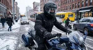 Motorcyclist wearing heated winter commuting gloves navigating downtown city traffic in cold weather