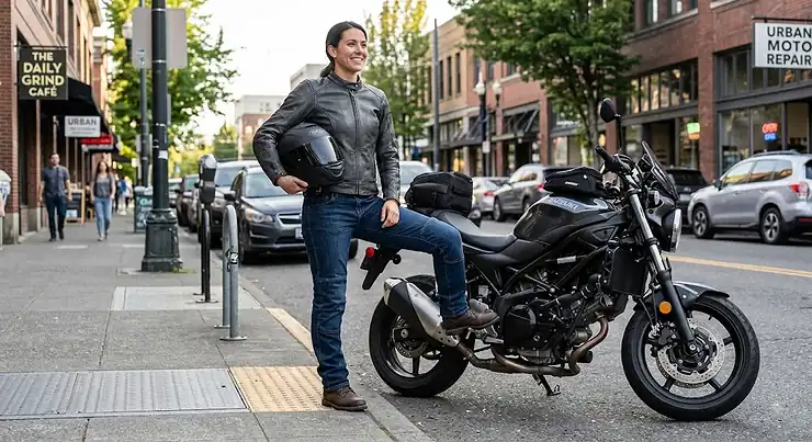 Rider wearing casual denim commuter motorcycle pants for short rides around town