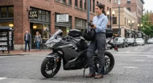 Rider wearing overpant style commuter motorcycle pants over regular office clothes