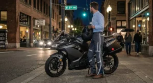 Night view showing reflective safety strips on commuter motorcycle pants for short rides