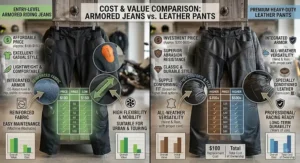 Price and feature comparison chart listing benefits of entry-level armored motorcycle pants versus premium leather pants.