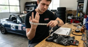 Driver measuring hand size next to entry level track day gloves under 100 dollars