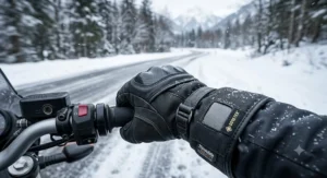 Rider wearing Gore-Tex waterproof winter motorcycle gloves while riding through cold snowy road conditions.