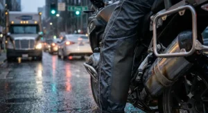 Heat-resistant inner leg panels on motorcycle commuting rain pants protecting against hot exhaust pipes
