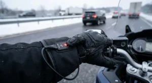 Rider adjusting heat settings on the LED temperature controller button of a winter glove