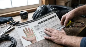 Sizing chart and palm measurement guide for choosing heated motorcycle gloves for winter commuting
