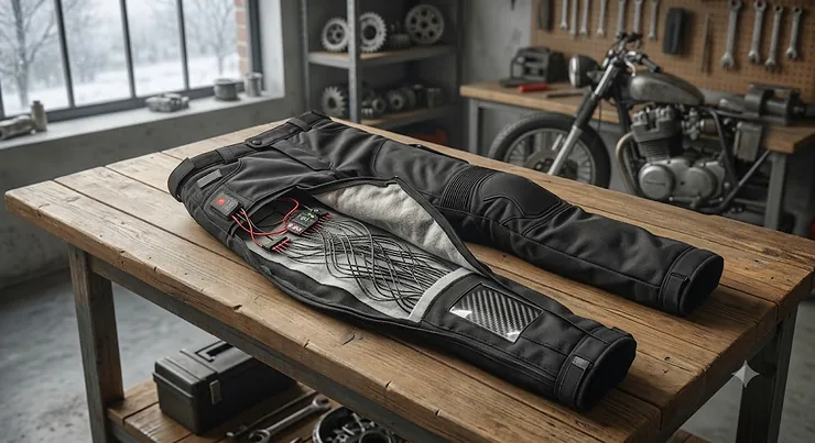 Illustration of carbon fiber heating elements inside thermal motorcycle pants for cold weather riding. heated motorcycle pants for winter riding