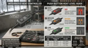 Graphic showing push-button heat level controller on heated motorcycle pants with low medium and high settings.