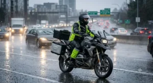 Motorcyclist riding through heavy rain wearing high-visibility rain pants and matching waterproof jacket