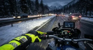 High-visibility waterproof winter motorcycle gloves with 3M reflective piping for safety during nighttime winter highway riding.