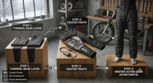 Step-by-step guide on how to layer heated motorcycle pants over base layers under winter riding gear.