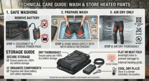 Instructional illustration demonstrating how to safely hand wash and store heated motorcycle pants.