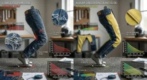 Technical illustration demonstrating heat and tear resistance of Kevlar lined riding jeans during pavement friction tests.