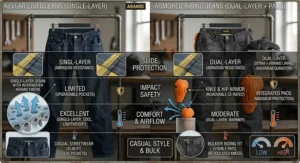 Summary chart comparing slide protection, impact safety, comfort, and style differences between Kevlar lined jeans and armored jeans.