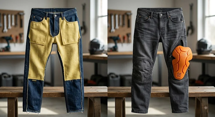 Comparison graphic showing Kevlar lined jeans with full aramid lining next to armored jeans with removable CE-rated knee impact pads for motorcycle riders. kevlar lined jeans vs armored jeans