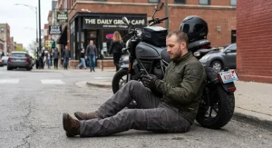 Casual motorcycle cargo pants with abrasion-resistant Kevlar lining paired with a riding jacket and boots.