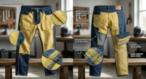 Cutaway diagram displaying yellow Kevlar lining inside denim motorcycle pants for slide and abrasion protection.