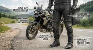 Heavy-duty leather motorcycle pants for adventure touring paired with full-height touring boots