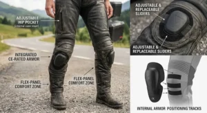Illustration of leather motorcycle touring pants showcasing adjustable knee armor and accordion flex zones