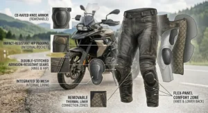 Diagram showing the internal padding and impact-resistant layers of leather motorcycle pants for touring