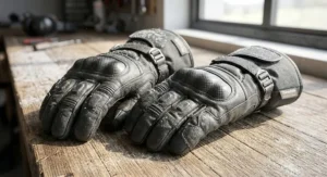 A pair of heavy-duty leather waterproof winter motorcycle gloves with molded hard knuckle armor and wrist closure straps.