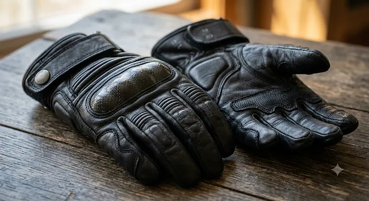 Black leather women's motorcycle gloves for small hands featuring armored knuckle protection