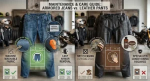 Maintenance comparison guide showing machine washable armored motorcycle pants and leather care conditioning products.