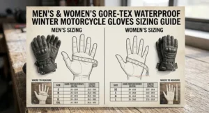 An illustrated sizing guide for fitting men's and women's waterproof winter motorcycle gloves properly.