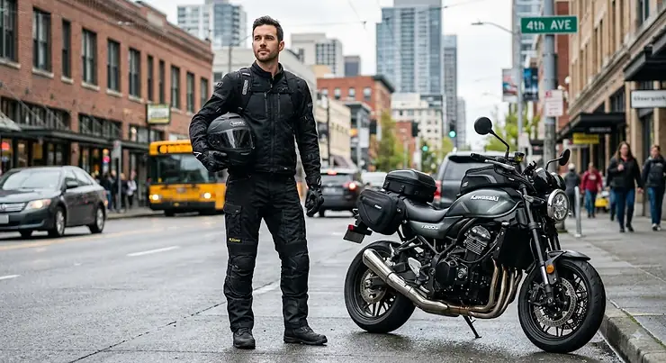 Rider wearing black motorcycle cargo pants with built-in knee armor standing next to a street bike during a daily commute.