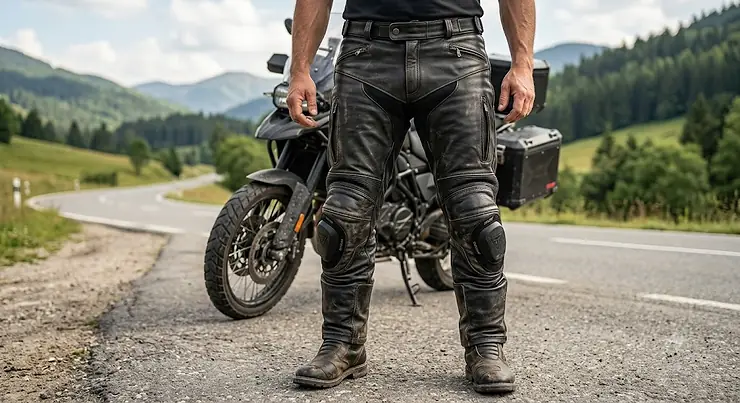 Men's leather motorcycle pants for touring featuring CE-approved armor and reinforced hip protection