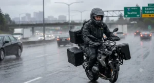 Male motorcycle commuter wearing durable men's riding overpants for rain protection on a wet highway.