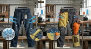 Infographic showing airflow, ventilation, and weight differences between Kevlar lined jeans and padded armored jeans.