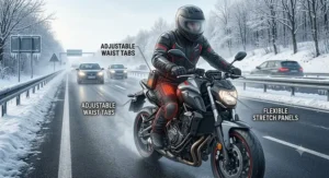 Illustration of a rider on a street motorcycle in freezing winter weather wearing heated riding pants.